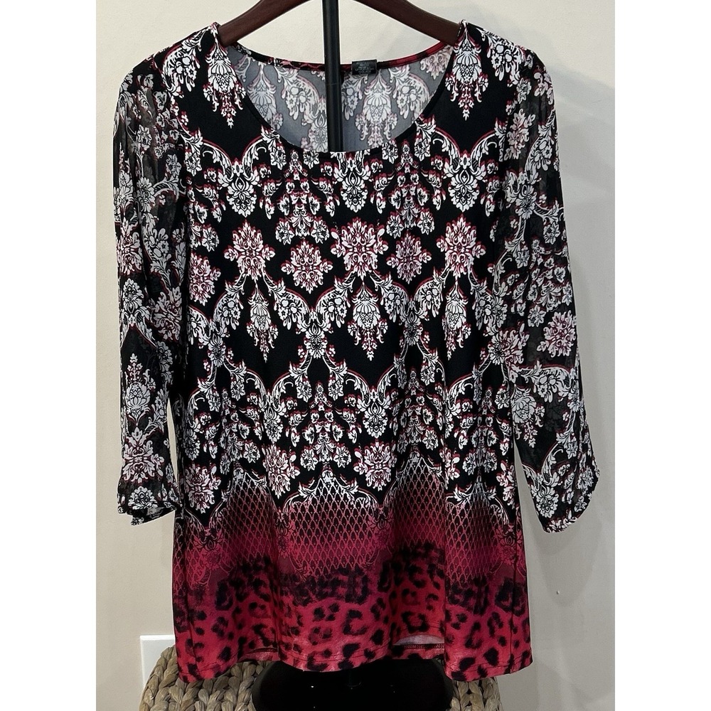 NEW DIRECTIONS Women's Top Long Sheer Sleeve Stretch Colorful Pullover Medium